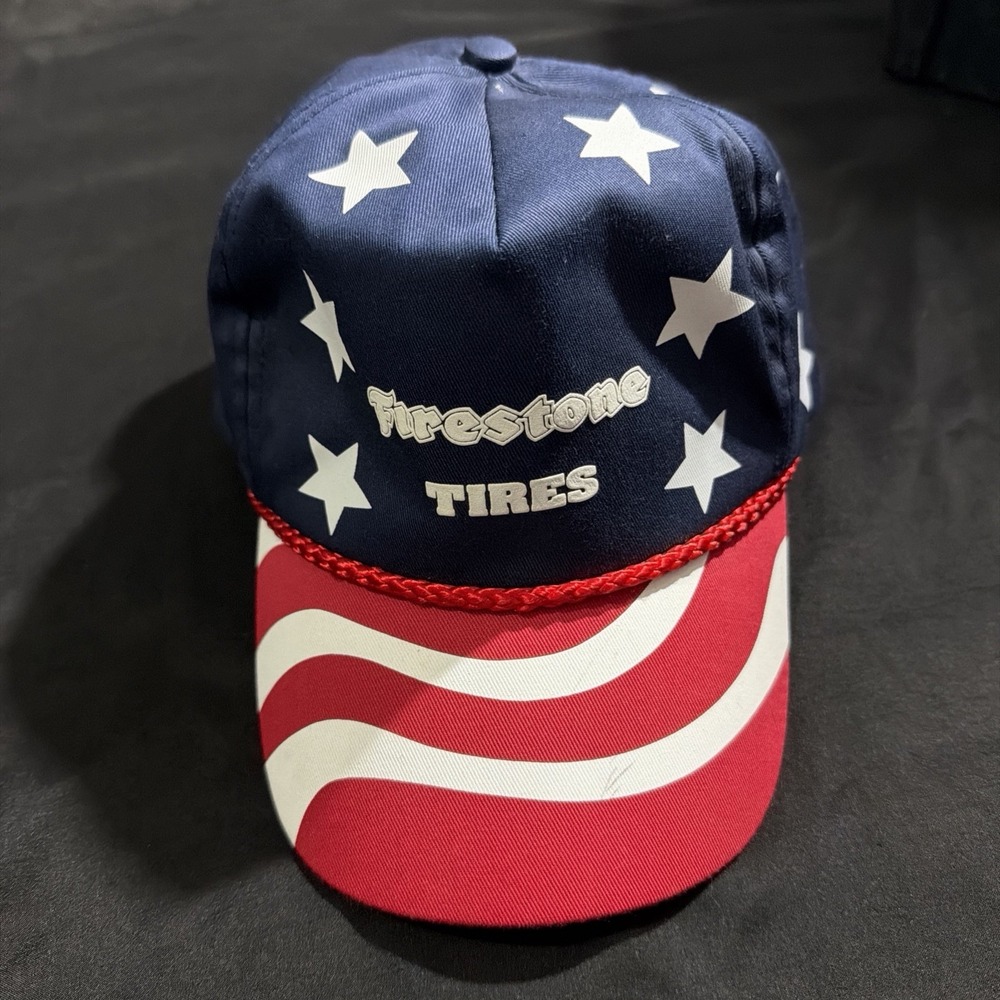 Vintage Firestone Tires Nissun Hat Stars and Stripes Patriotic Rope Trucker Cap